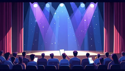 Illustration of a theater stage with dramatic lighting and critics taking notes Illustration of a theater stage with dramatic lighting and critics taking notes